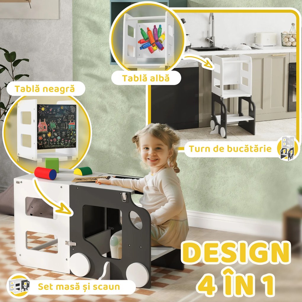 AIYAPLAY Scara Montessori 4 în 1 pentru Copii cu 2 Table și Set Masă și Scaun, din Lemn, 58x46x92 cm, Alb | Aosom Romania