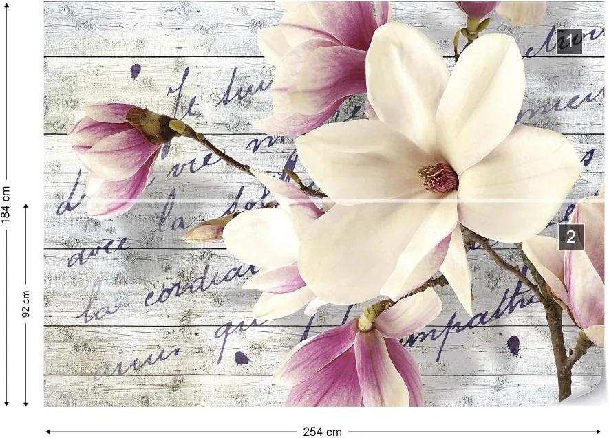 GLIX Fototapet - Magnolia Flowers Vintage Script Wood Texture Vliesová tapeta  - 254x184 cm