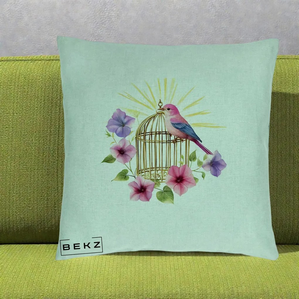 Perna Decorativa Pasare Roz pe Colivie Aurie cu Flori, 40x40 cm, Verde Menta, Husa Detasabila, Perna Inclusa, BEKZ®