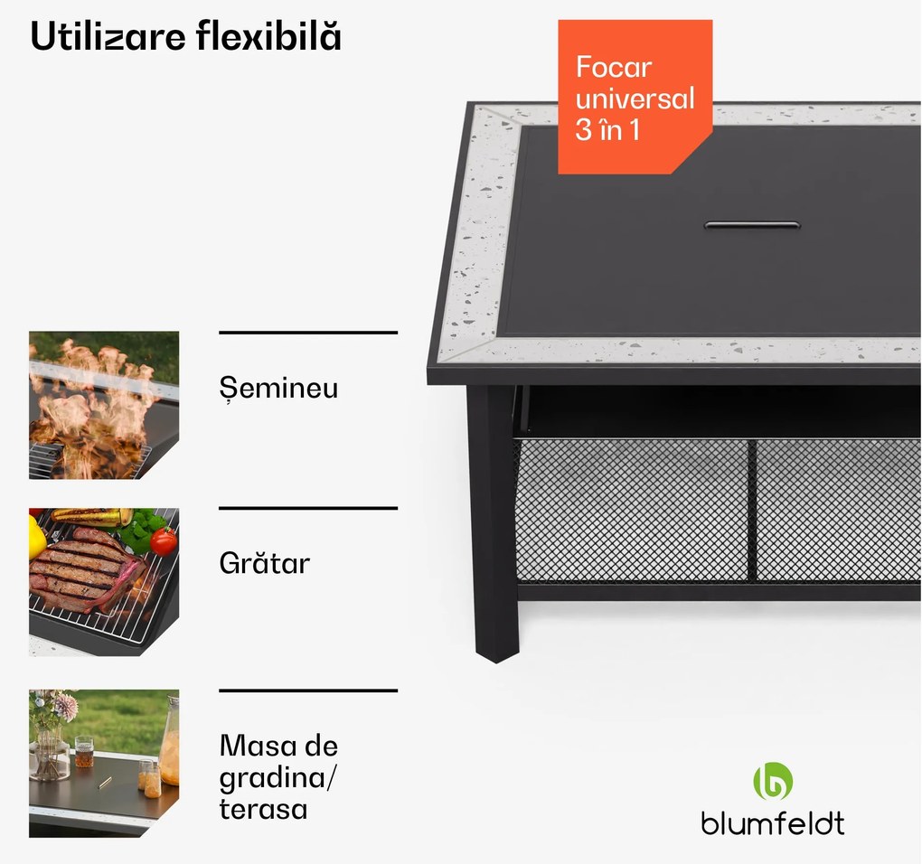 Merano Avanzato 3 în 1, șemineu cu funcție grill, poate fi folosit ca masă