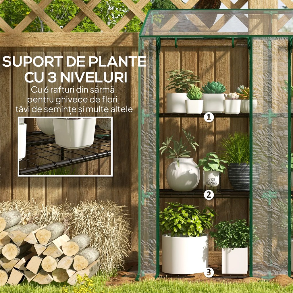 Outsunny Seră de Grădină cu Copertină din PE, Seră cu Acoperiș Înclinat, 2 Uși Rulante și 6 Rafturi, 143x46x151cm, Verde | Aosom Romania