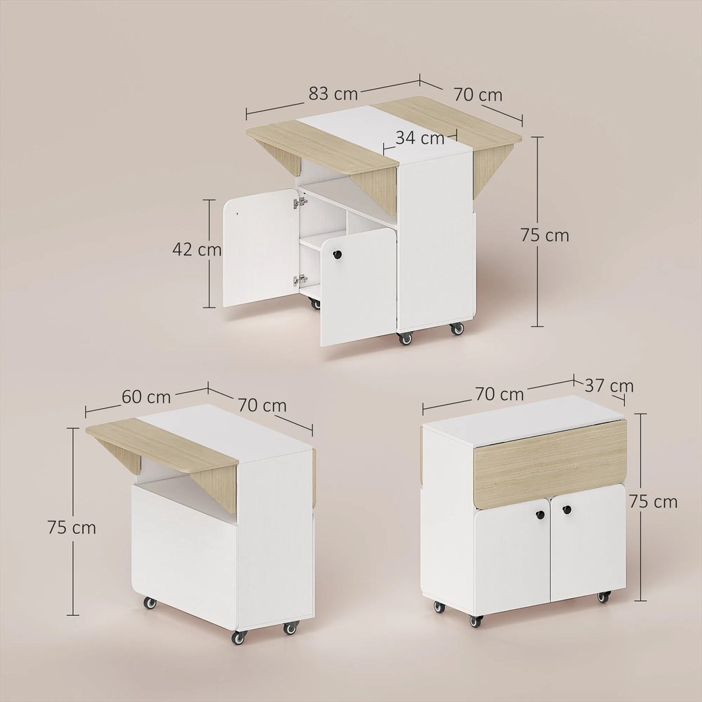 HOMCOM Masa de Dining Pliabilă cu Dulap pe Role, două părți pliabile ale mesei, Dulap, 4 Roți, Alb+Lemn natural, 70 x 83 x 75 cm | Aosom Romania