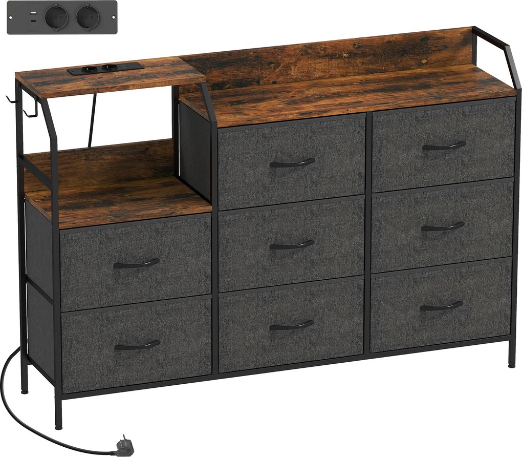 HOMCOM Comodă cu 8 sertare din material textil, cadru din oțel, stație de încărcare, Rustic-Maro+Negru | Aosom Romania