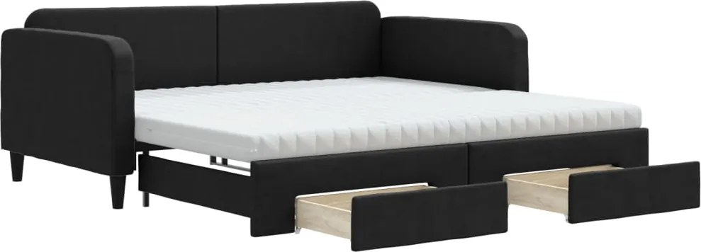 vidaXL Pat de zi cu extensie și sertare, negru, 100x200 cm, textil