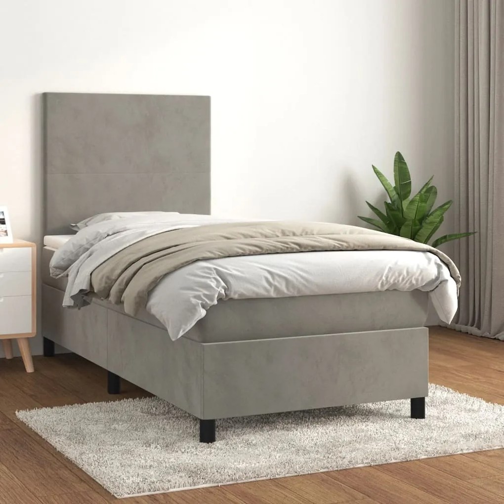 3142875 vidaXL Pat box spring cu saltea, gri deschis, 90x190 cm, catifea