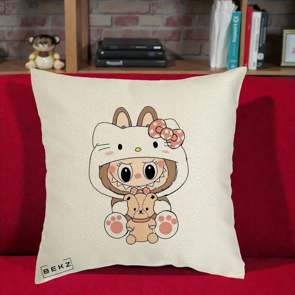 Perna Personalizata Labubu x Hello Kitty, 40x40 cm, Ecru, Husa Detasabila, Perna Inclusa, BEKZ®