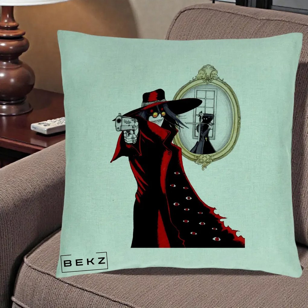 Perna Personalizata Hellsing Alucard cu Pistoale, 40x40 cm, Verde Menta, Husa Detasabila, Perna Inclusa, BEKZ®