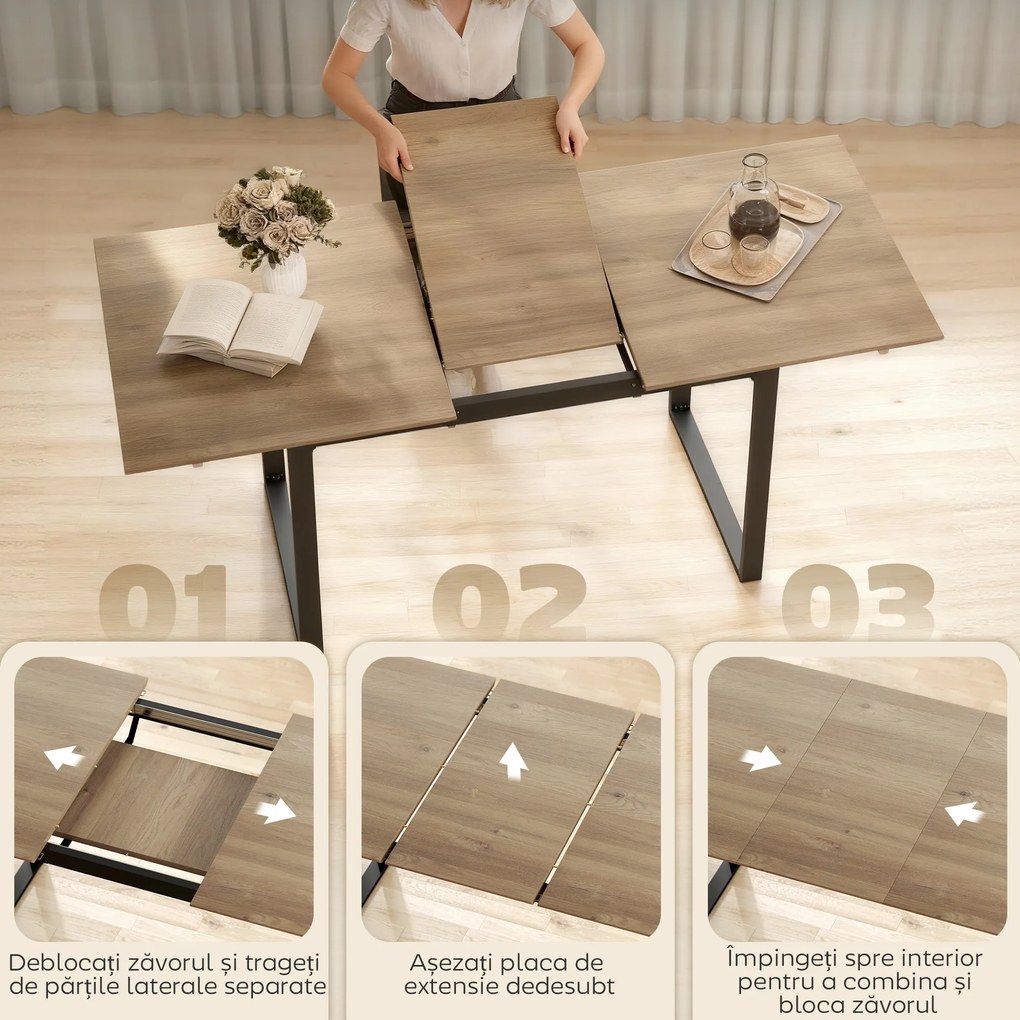 HOMCOM Masă de Luat Masa Extensibilă pentru 6-8 Persoane cu Panouri Detașabile, 140-180cm Masă Rectangulară Extensibilă cu Bază din Oțel, Stil Industrial, pentru Sufragerie, Culoare Lemn | Aosom Romania
