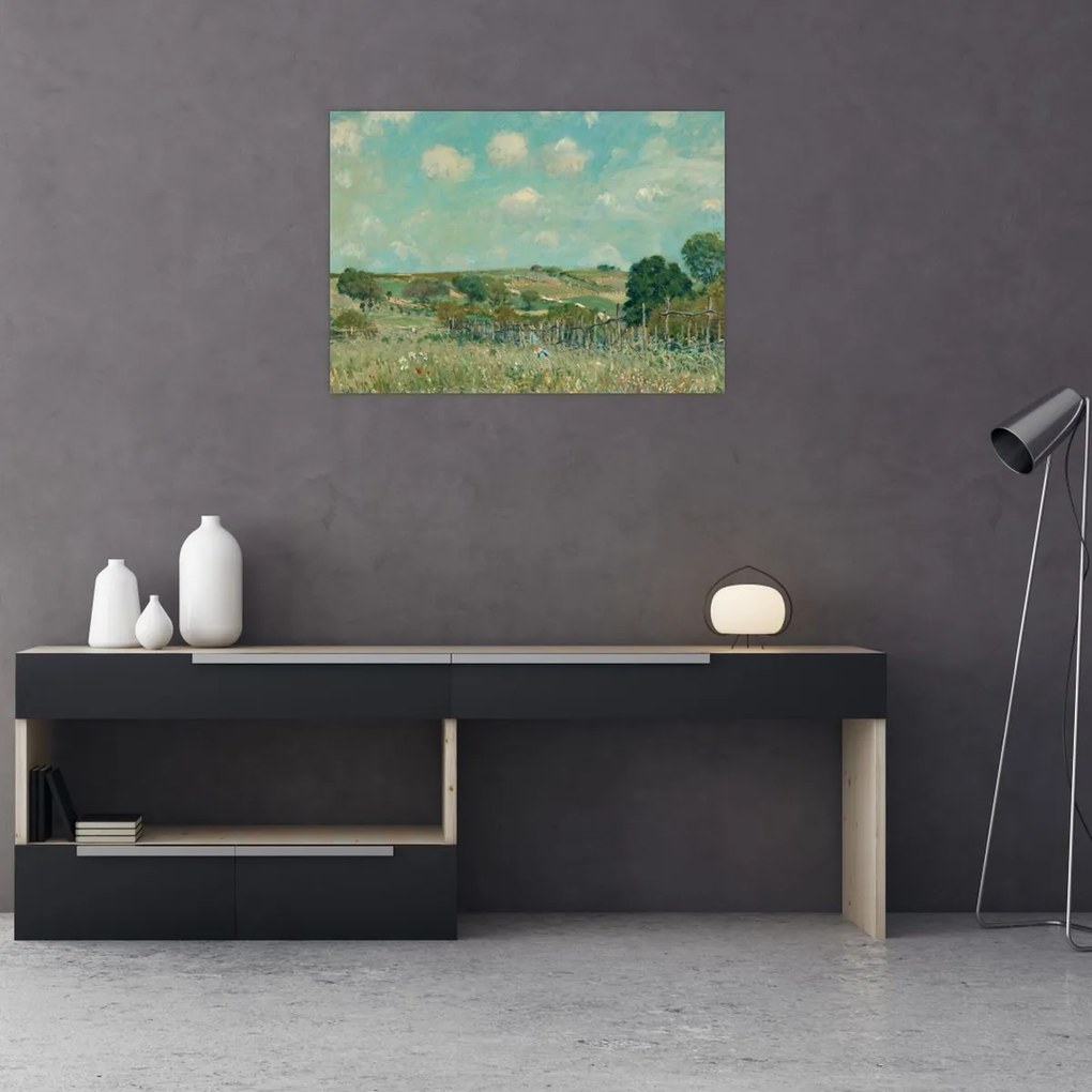 Tablou pe sticlă - Alfred Sisley,  Meadow, reproducere (70x50 cm)