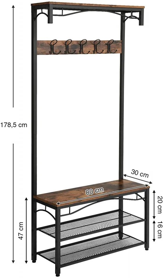 CUII205 - Cuier industrial 80 cm, 5 agatatori haine, chei, hol, rafturi pantofi, pantofar - Maro