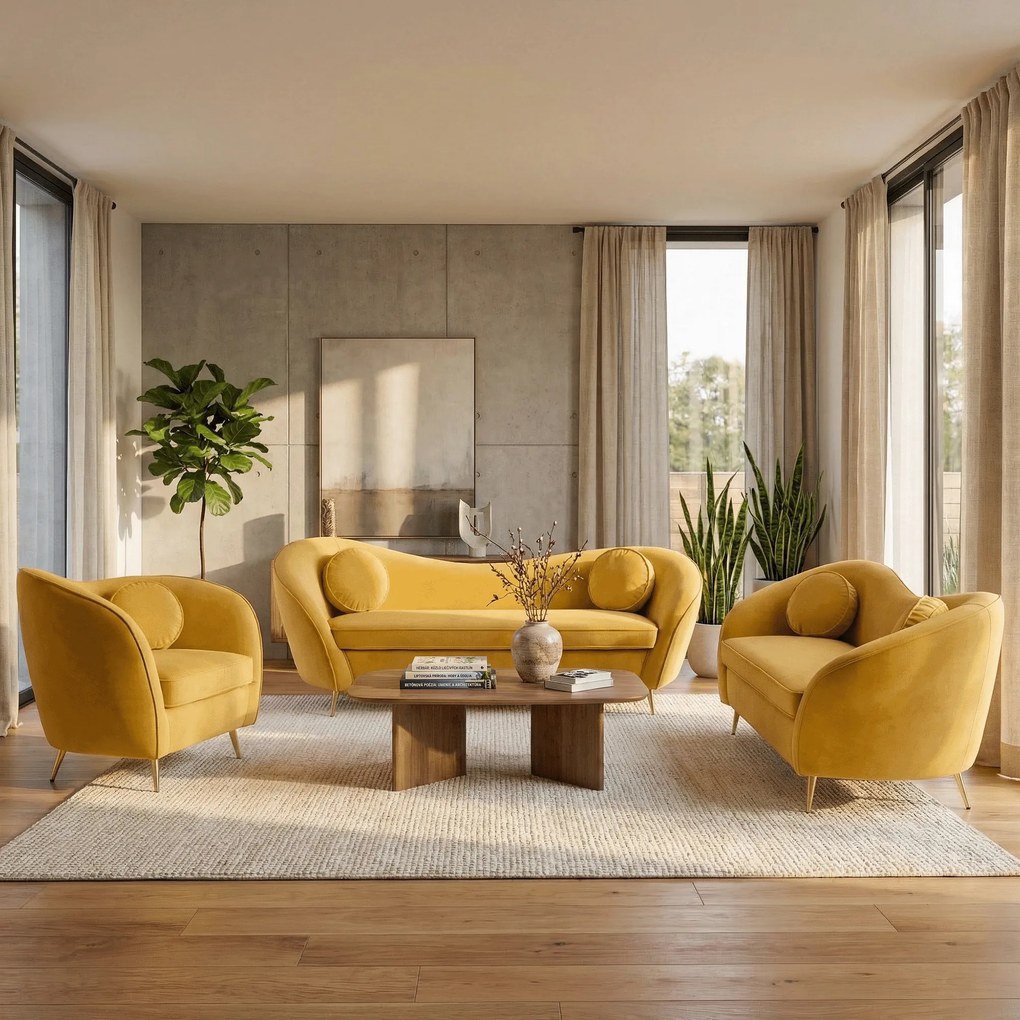 Fotoliu de design, ţesătură Velvet galbenă/gold crom auriu, EZIO