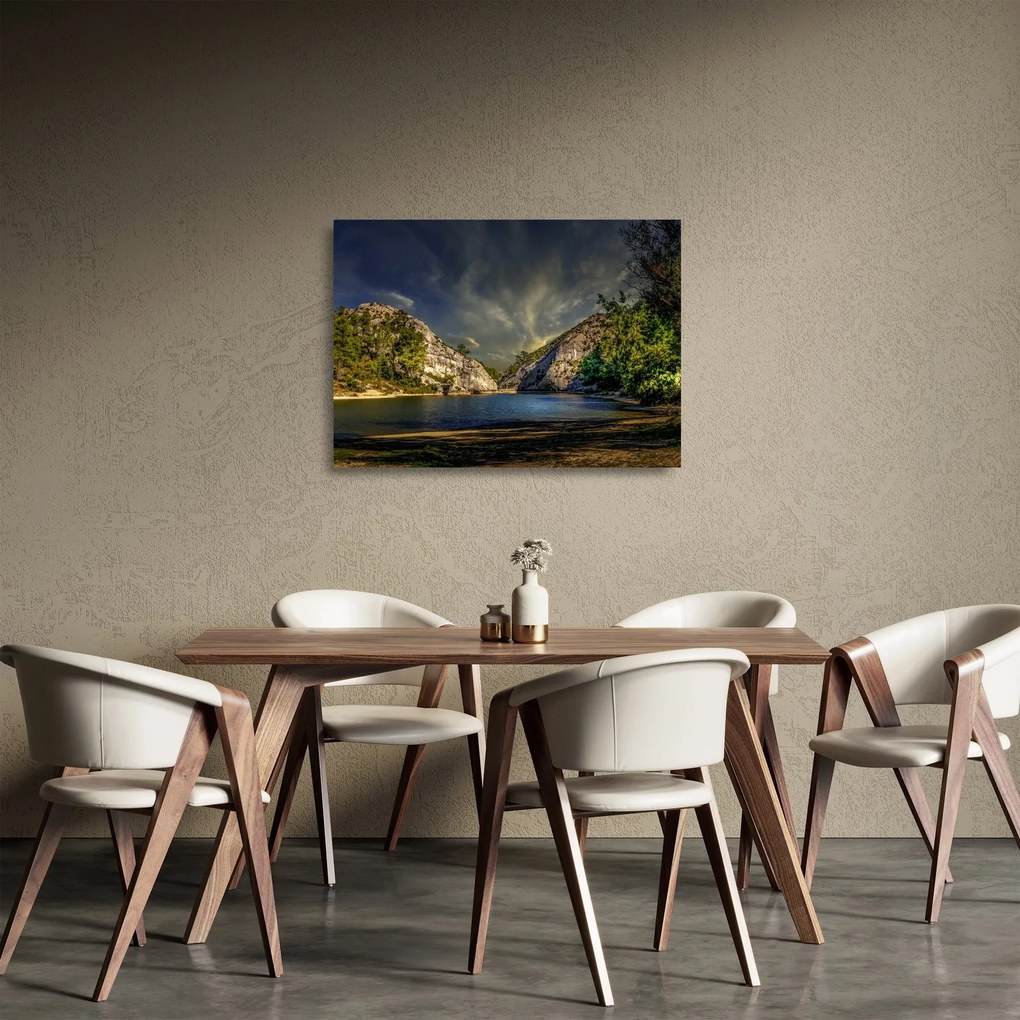 Tablou pe sticlă peisajului cu lac (70x50 cm)