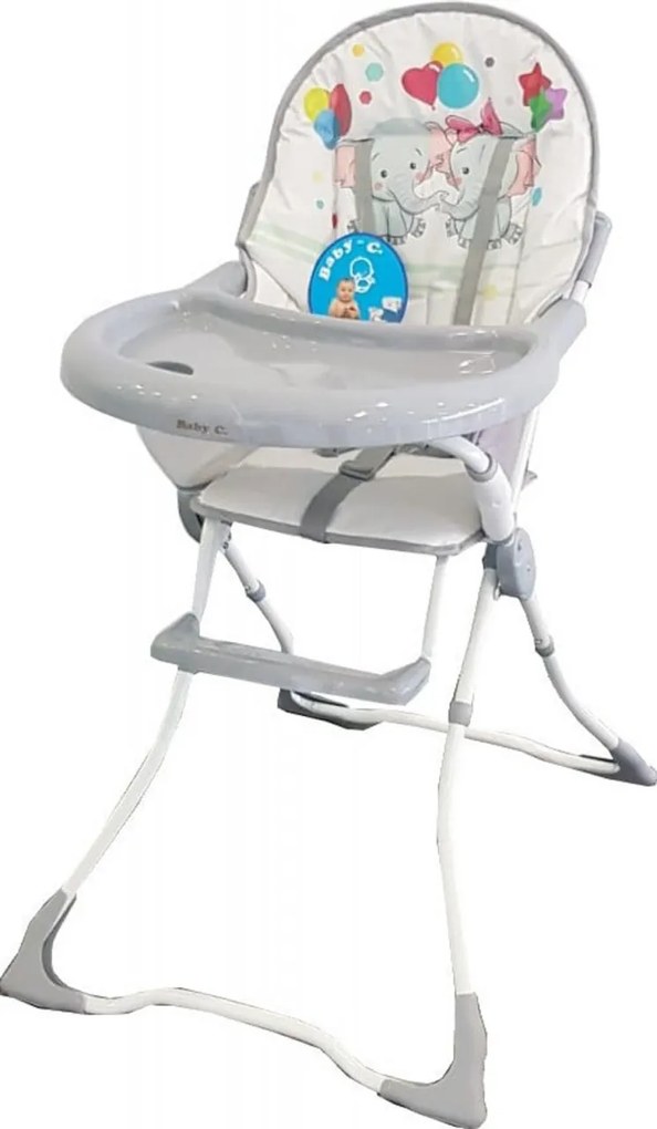 Scaun de masa pentru copii si bebe Baby Care™ CH ,Pliabil, Centura de siguranta, Sezut comfortabil, Masuta detasabila, Model Elefanti , Gri