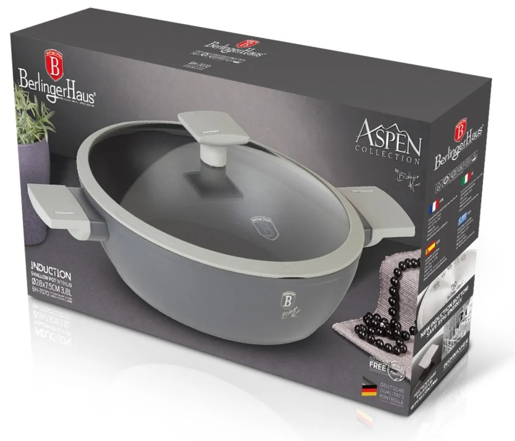 Cratiță antiaderentă cu capac 28 cm, 3.8 L Berlinger Haus Aspen Collection BH 7070, cu strat titan, potrivită pentru gătit zilnic sănătos