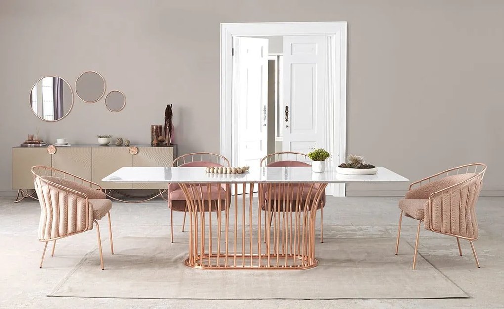 Masă lemn masiv Dining Anette Cadru metalic Rose-Gold, 100 × 240 × 75 cm - Lemn