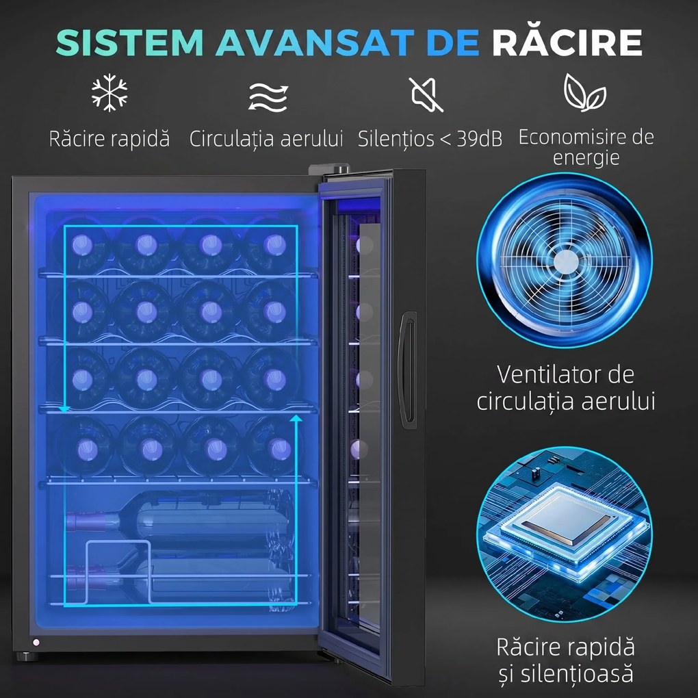HOMCOM Frigider pentru Vinuri de 20 Sticle cu Temperatură Unică 5-18°C, Geam Anti-UV și Rafturi Reglabile, 43x45x64 cm, Negru | Aosom Romania