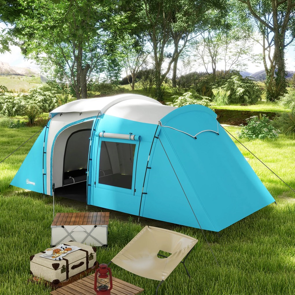 Outsunny Cort de camping familial 3-4 persoane 2 camere 4 uși și 4 ferestre, sac de transport, dim. 460L x 220l x 175H cm | Aosom Romania