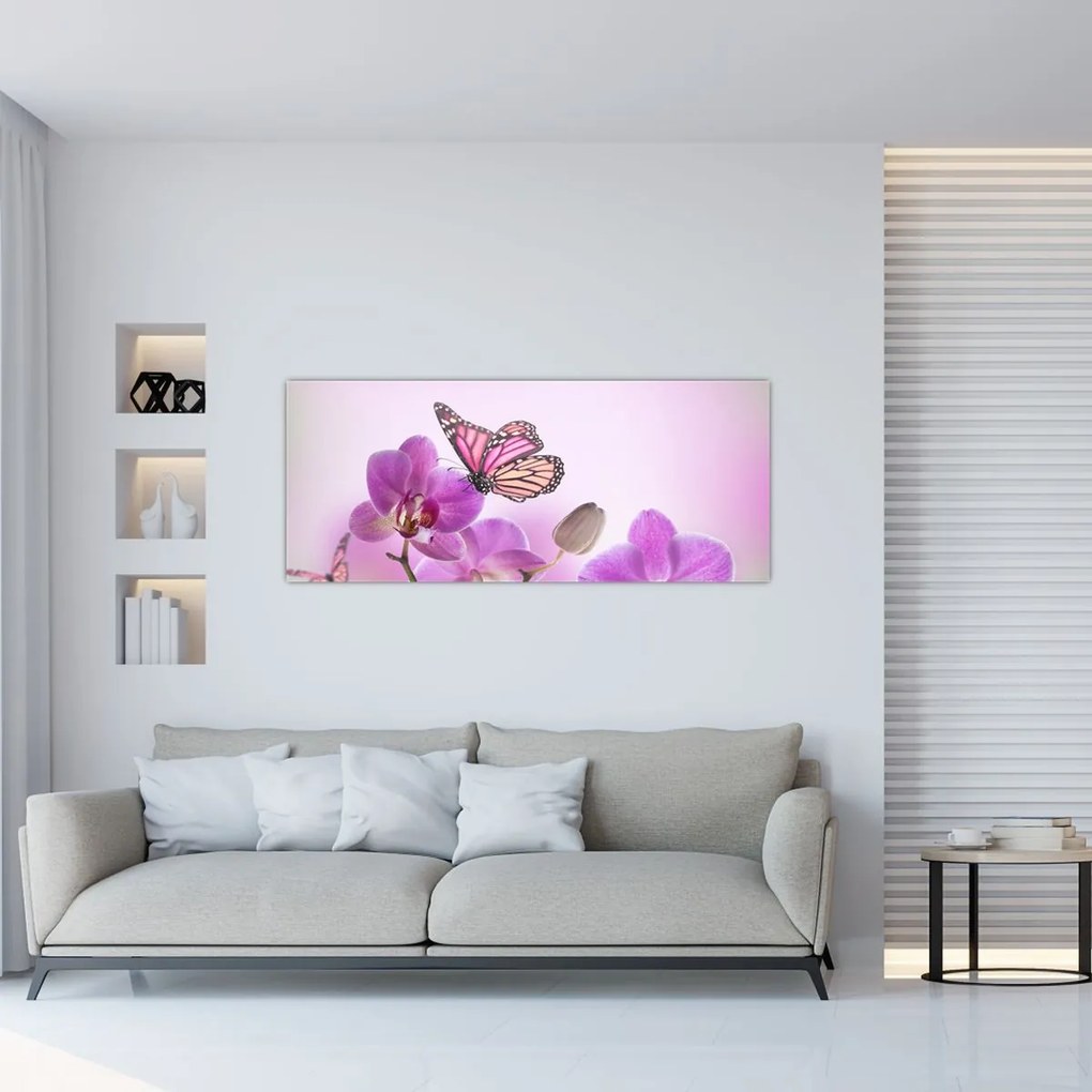 Tablou - Fluture pe flori de orhidee, liliac (120x50 cm)