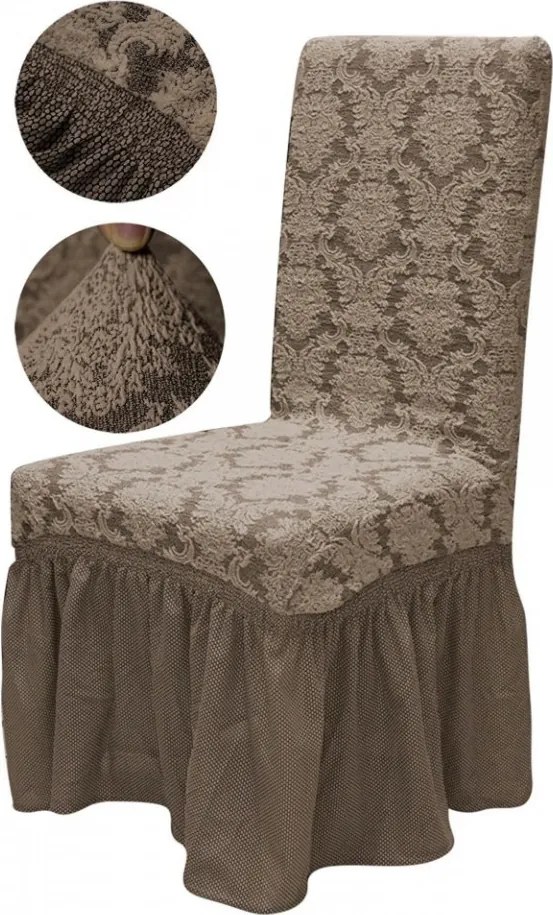 Set 6 huse elastice pentru scaune, cu volanas, model Jacquard Cappuccino