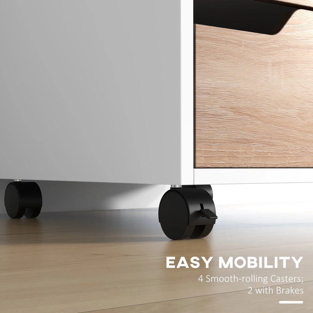 Comoda din MDF cu 3 Sertare si 4 roti cu rotatie de 360 ° (2 cu frane), pentru Birou sau Studio Alba si Lemn 31x37x7.2cm HOMCOM | Aosom Romania