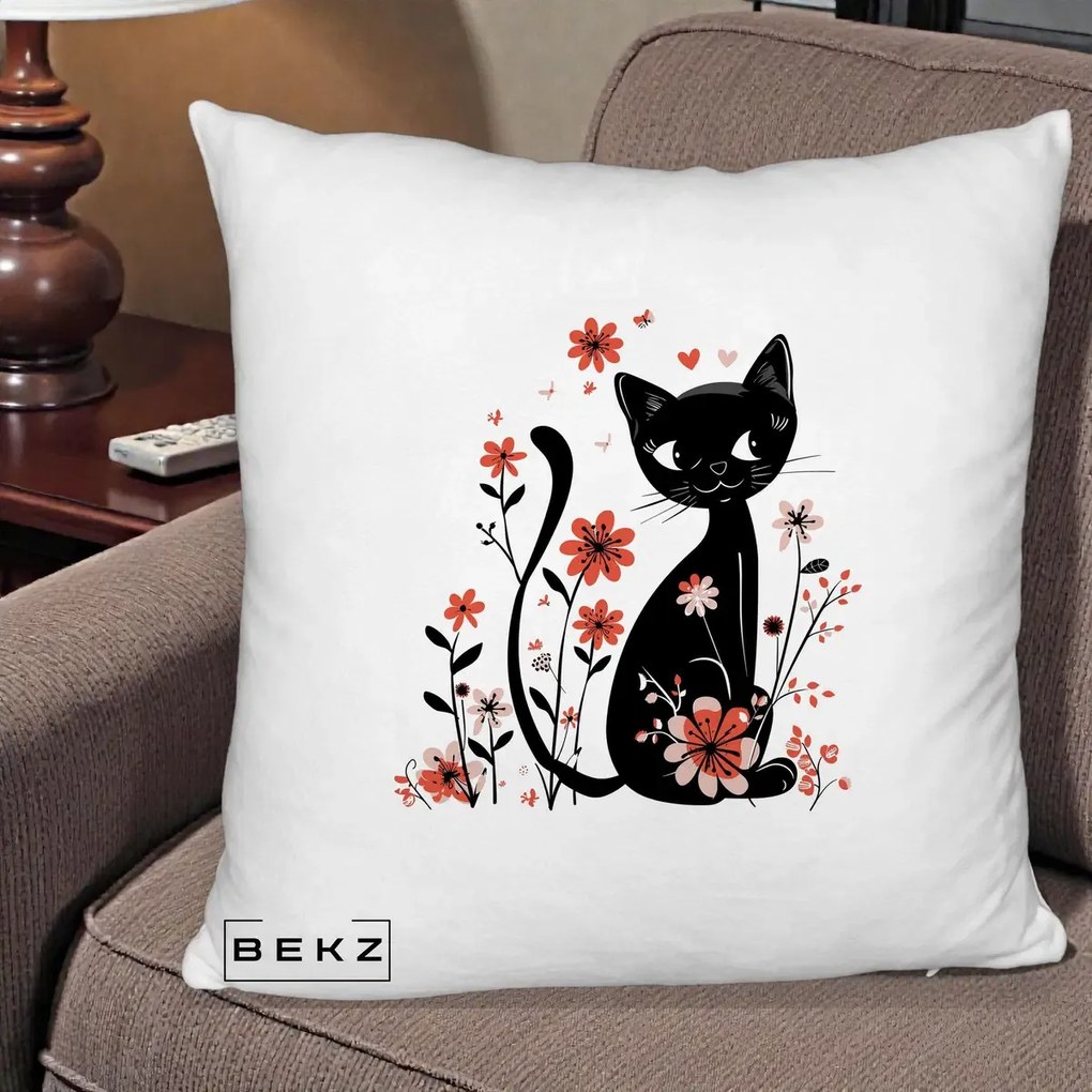 Perna Decorativa Pisica Neagra Flori Roz si Inimi, 40x40 cm, Alb Pufos, Husa Detasabila, Perna Inclusa, BEKZ®