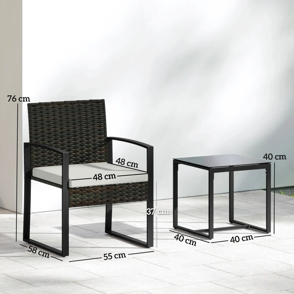 Outsunny Set de Mobilier de Grădină din Ratan Sintetic cu 2 Scaune cu Perne Detașabile și Masă cu Blat din Sticlă, Crem | Aosom Romania