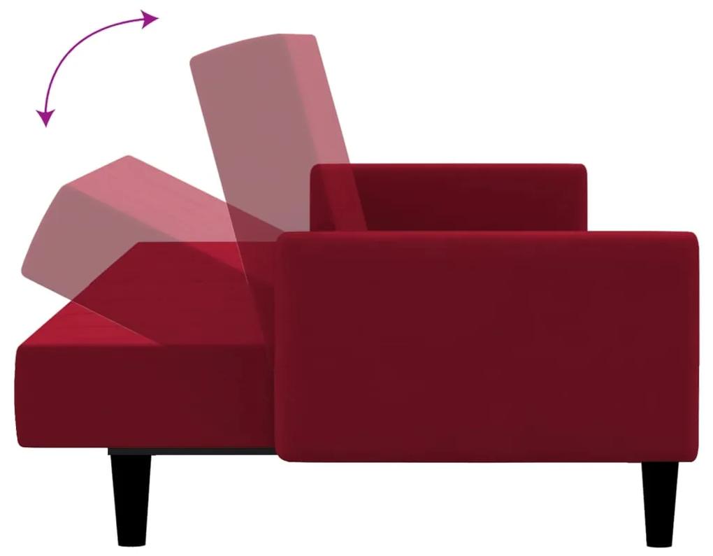 Canapea extensibila 2 locuri, cu taburet, rosu vin, catifea Bordo, Cu suport de picioare