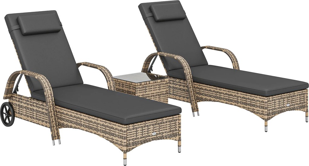 Outsunny Set de 2 șezlonguri : saltea, tetieră, înclinare reglabilă, roți + măsuță de cafea cu sticlă securizată gri închis | Aosom Romania