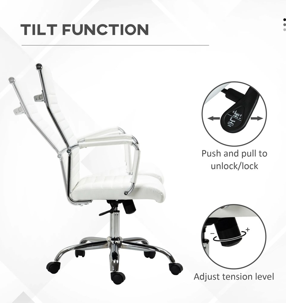 Vinsetto Scaun de birou ergonomic din piele ecologică, cu rotire și balans, 54x62x104-114 cm, alb | Aosom Romania