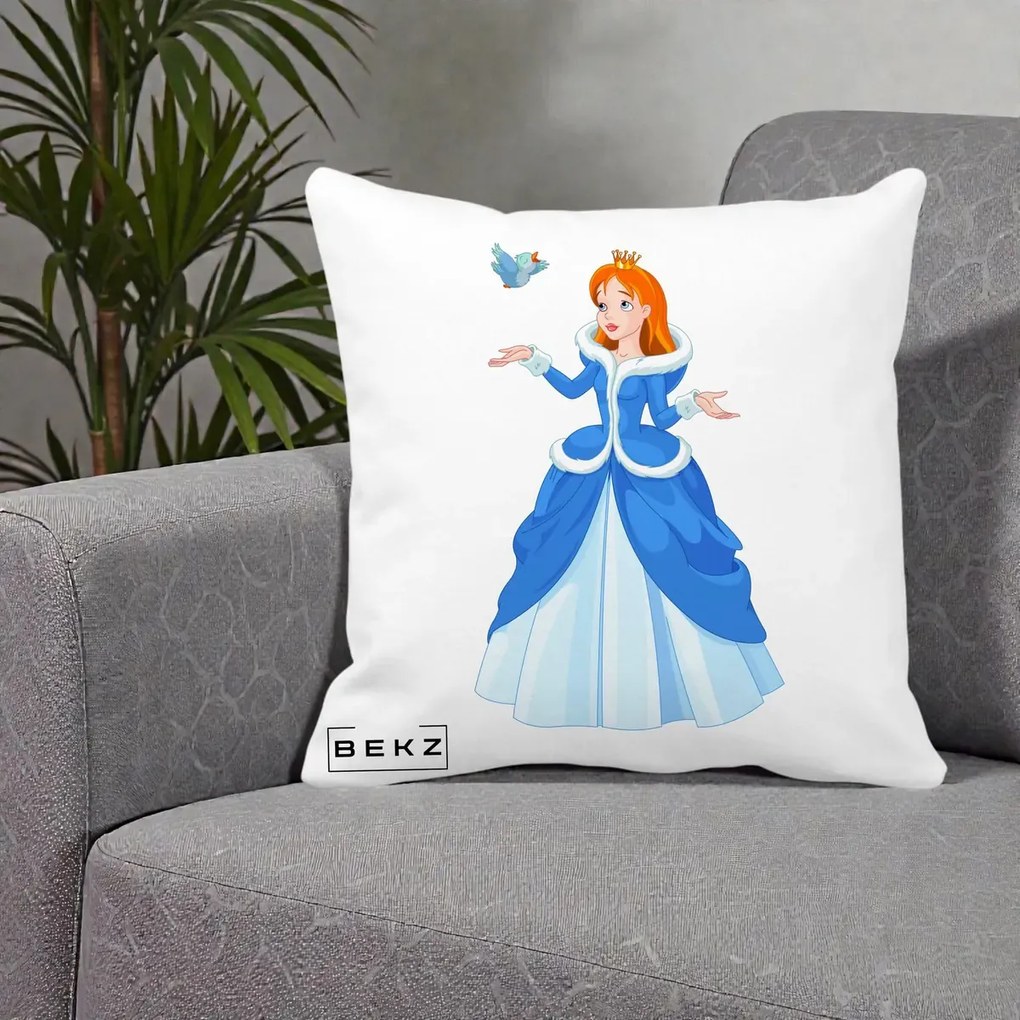 Perna Personalizata Printesa Albastra cu Pasare, 40x40 cm, Alba Mata, Husa Detasabila, Perna Inclusa, BEKZ®