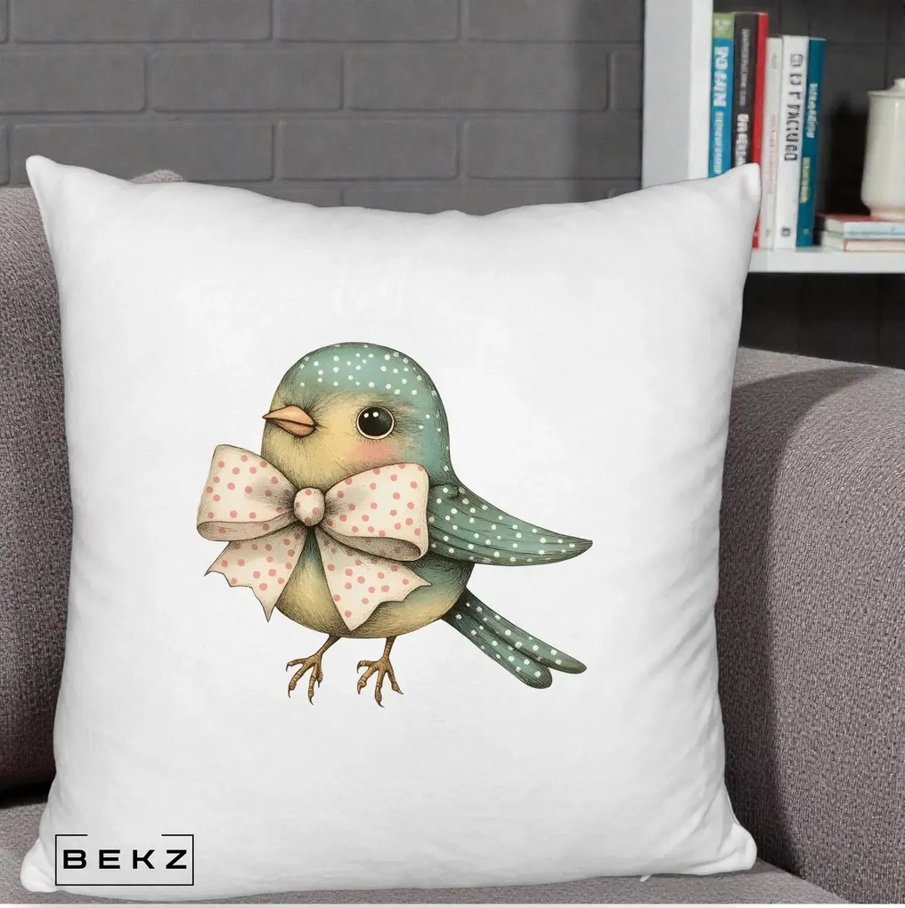 Perna Decorativa Pasare Teal cu Fundita cu Buline, 40x40 cm, Alb Pufos, Husa Detasabila, Perna Inclusa, BEKZ®