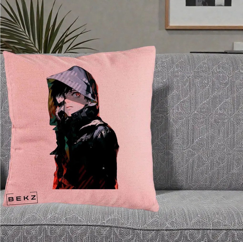 Perna Personalizata Tokyo Ghoul Ken Kaneki cu Masca si Gluga, 40x40 cm, Roz, Husa Detasabila, Perna Inclusa, BEKZ®