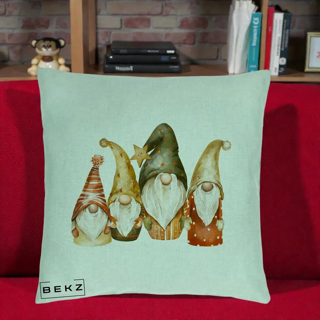 Perna Decorativa Gnomi de Craciun Patru, 40x40 cm, Verde Menta, Husa Detasabila, Perna Inclusa, BEKZ®