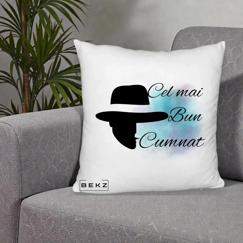 Cadou pentru Cumnat - Perna Personalizata Cel mai Bun Cumnat cu Silueta Palarie si Pete Teal-Roz, 40x40 cm, Alb Pufos, Husa Detasabila, Perna Inclusa, BEKZ®