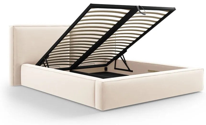 Pat matrimonial crem tapițat din catifea cu spațiu de depozitare cu somieră 200x200 cm Arendal – Cosmopolitan Design