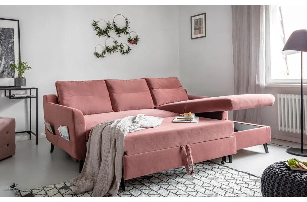 Colțar extensibil din catifea cu șezlong pe partea dreaptă Miuform Stylish Stan, roz