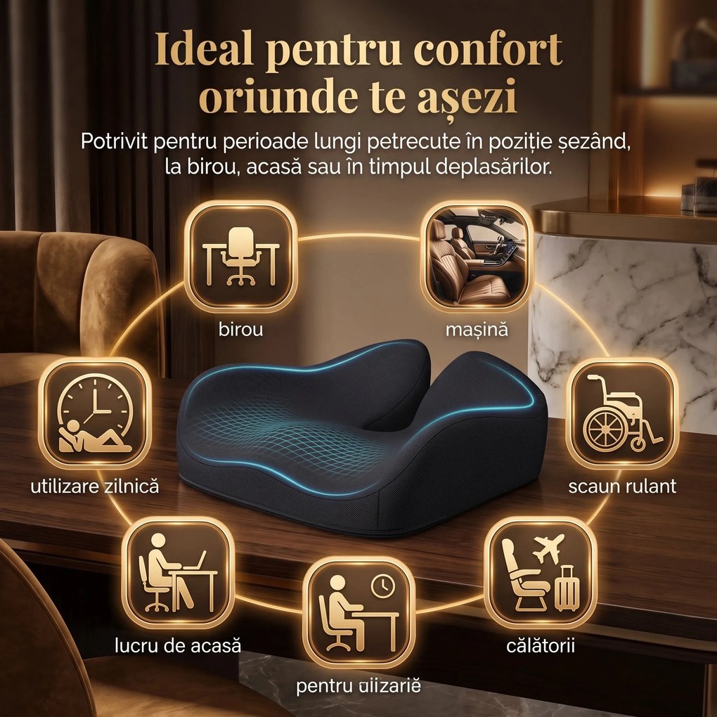 Perna ortopedica sezut memory foam ORTO COCCIS Plus, husa mesh 3D, Negru