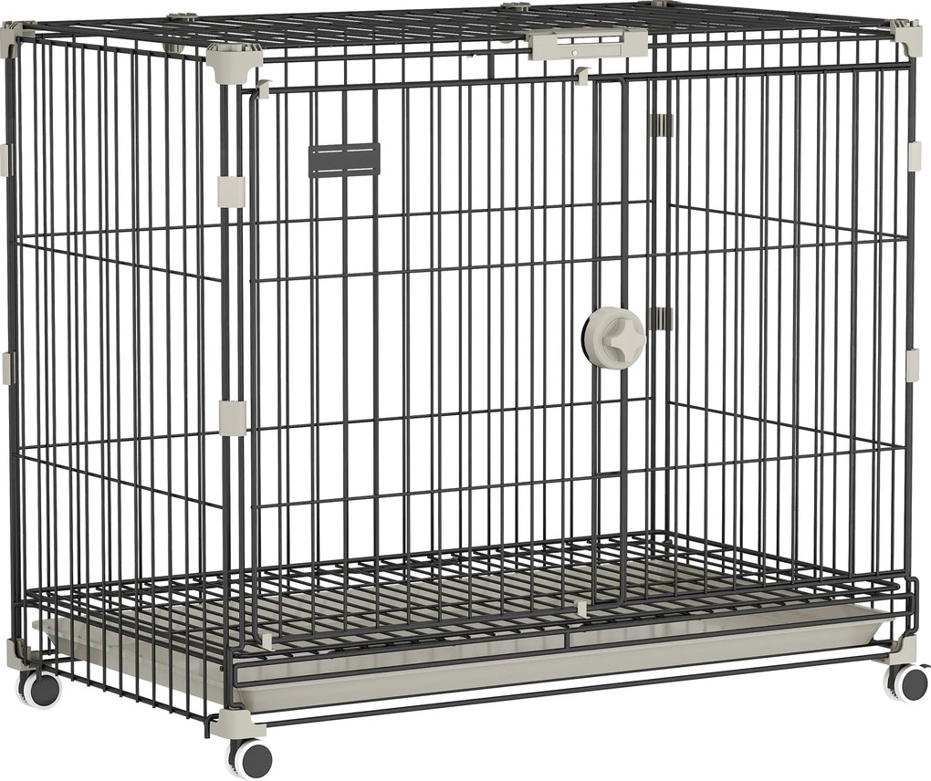 PawHut Cușcă pliabilă pentru câini, Tavă detașabilă, Roți cu frâne, Acoperiș rabatabil, Ușă de hrănire, 75,5x46x64,5cm, Negru | Aosom Romania