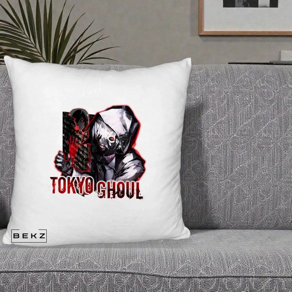 Perna Personalizata Tokyo Ghoul Ken Kaneki Anime, 40x40 cm, Alb Pufos, Husa Detasabila, Perna Inclusa, BEKZ®
