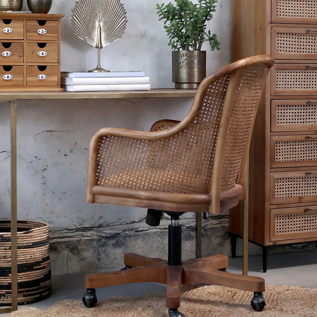 Scaun de birou, din lemn de mesteacan si rattan, cu spatar inalt, natur, cu aspect vintage