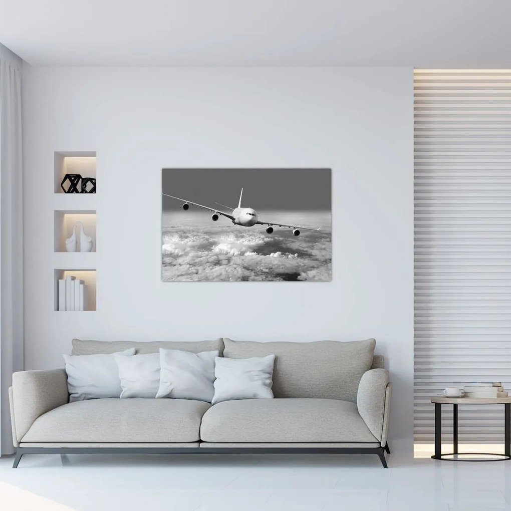 Tablou - Avion în nori, alb și negru (90x60 cm)
