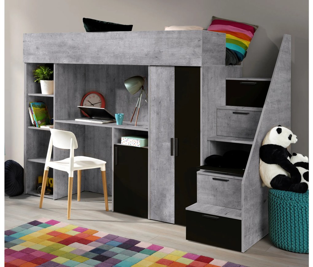 Pat pentru copii combinat 90 cm Kesa 14 (beton + negru mat). 1085828