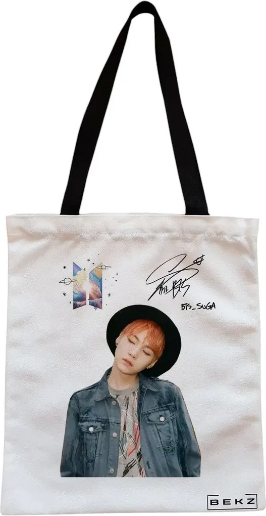 Sacosa de Panza pentru Cumparaturi, Geanta Tote, model BTS Suga 2, Cu fermoar, 38x34.5 cm, Alba, BEKZ®