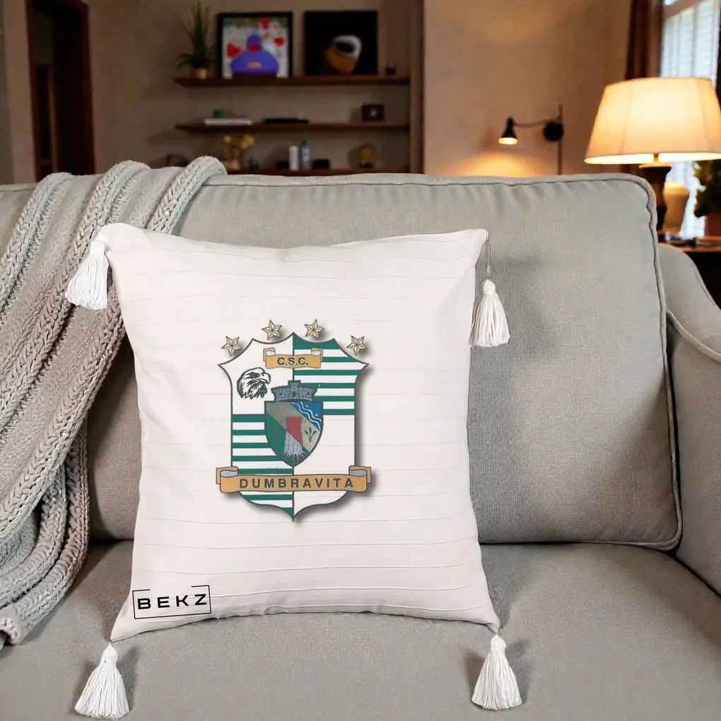 Perna Personalizata CSC Dumbravita Fotbal, 40x40 cm, Bej cu Franjuri, Husa Detasabila, Perna Inclusa, BEKZ®