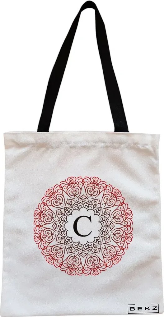 Sacosa de Panza pentru Cumparaturi, Geanta Tote, Cu litera C si Mandala, Cu fermoar, 38x34.5 cm, Alba, BEKZ®