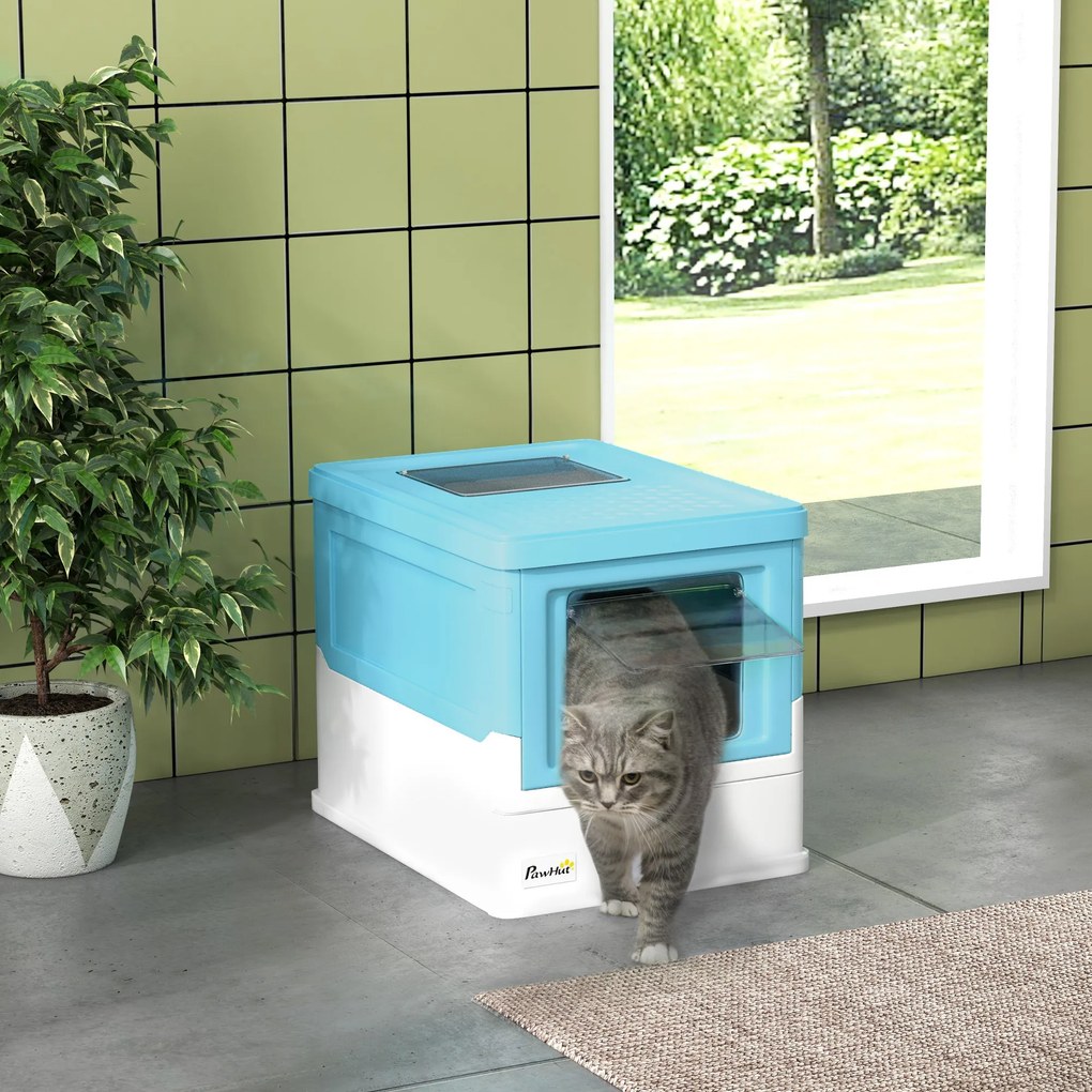 PawHut Litieră pentru Pisici Închisă cu Lopățică, Tavă Detașabilă și 2 Uși, 47.5x35.5x36.7cm, Albastru | Aosom Romania