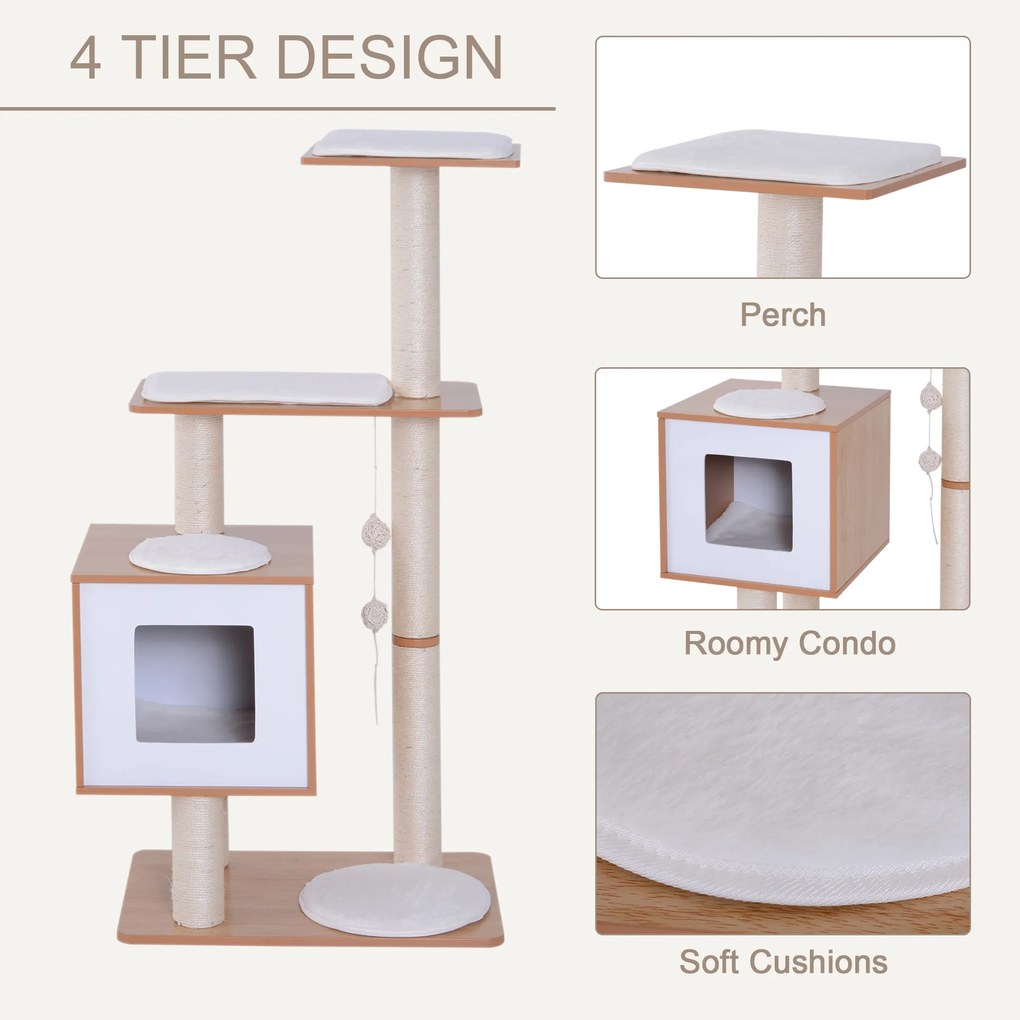 PawHut Ansamblu pentru Pisici cu Stâlp din Sisal, Cușcă cu Platforme și Zone de Joacă, Dimensiuni 66x47x120cm, Lemn Alb | Aosom Romania