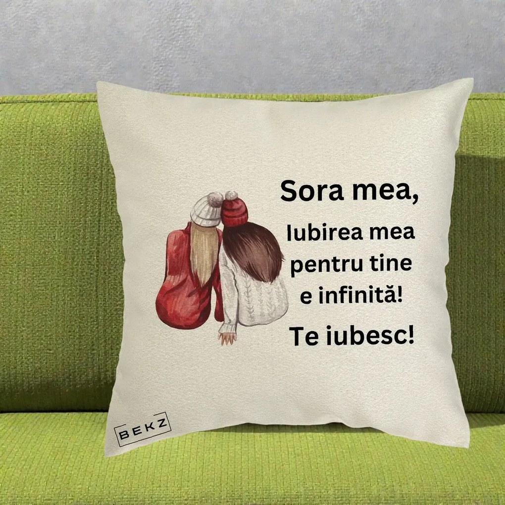 Cadou pentru Sora - Perna Personalizata Sora Mea Te Iubesc Doua Fete Iarna Acuarela, 40x40 cm, Ecru, Husa Detasabila, Perna Inclusa, BEKZ®
