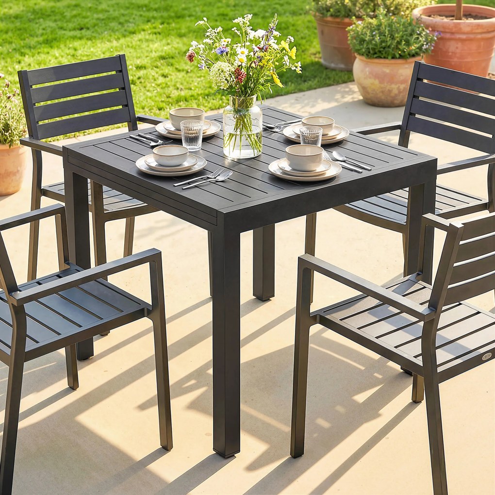 Outsunny Masă de Grădină Extensibilă pentru 4-6 Persoane 80/160x80 cm, Masă de Prânz pentru Exterior din Aluminiu cu Blat Lamelar, pentru Terasă, Balcon, Negru | Aosom Romania