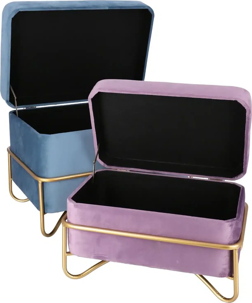 Set elegant Luna de taburete cu spatiu de depozitare, catifea si baza metalica aurie 2 piese